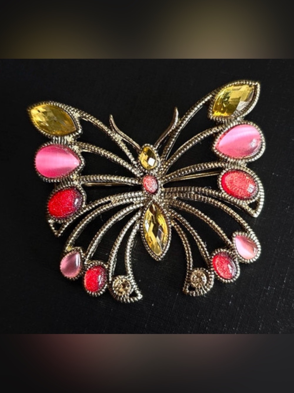 Liz Claiborne Pink and Yellow Crystal Butterfly Brooch new in box